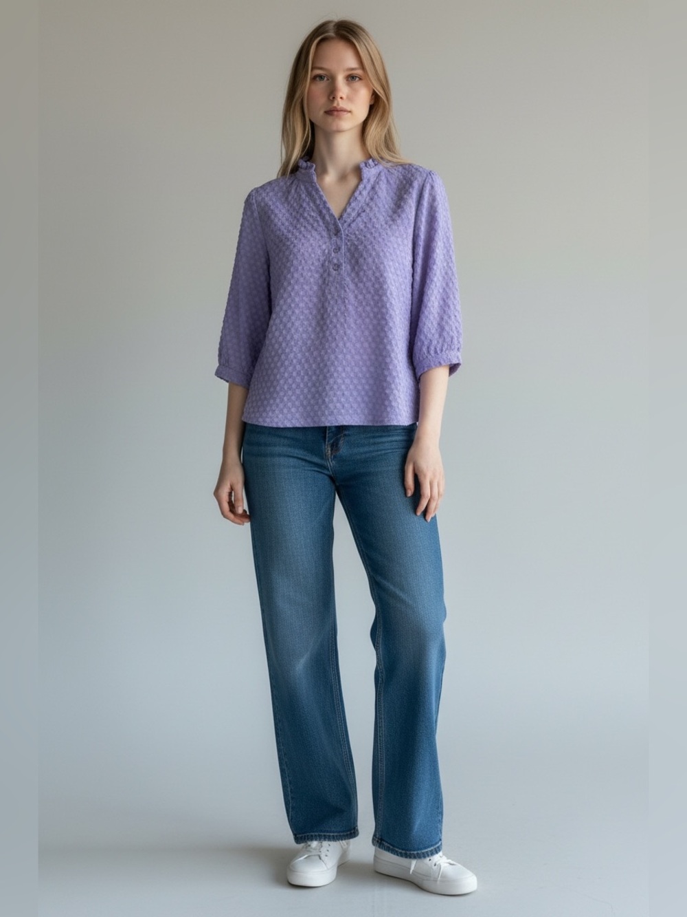 EGOCKAL Lavender Textured Ruffle V-Neck Blouse Seersucker 3/4 Puff Sleeve M NWT